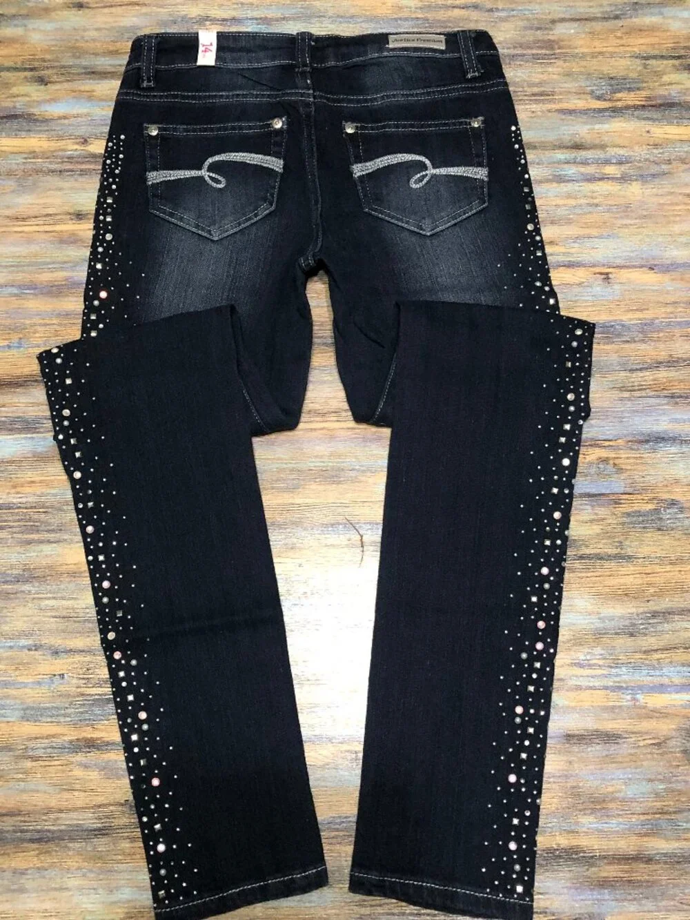 Justice Premium Jeans Girls Size 14S Slim Faux Rhinestones Embellished